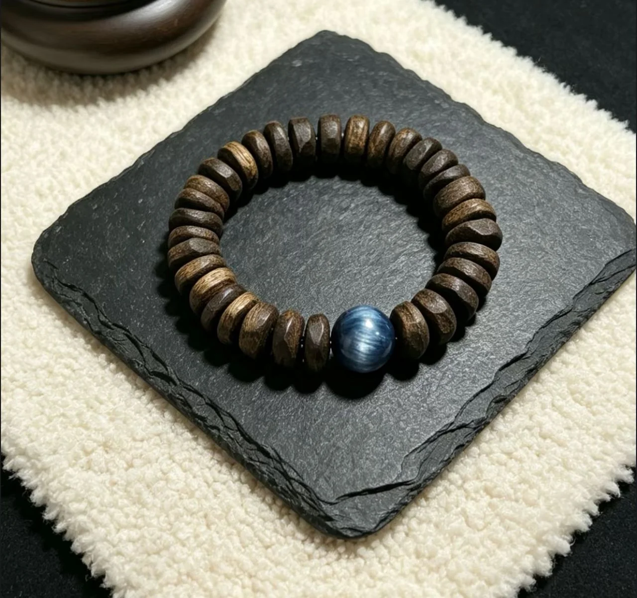 Natural agarwood disk bead bracelet with blue tiger eye