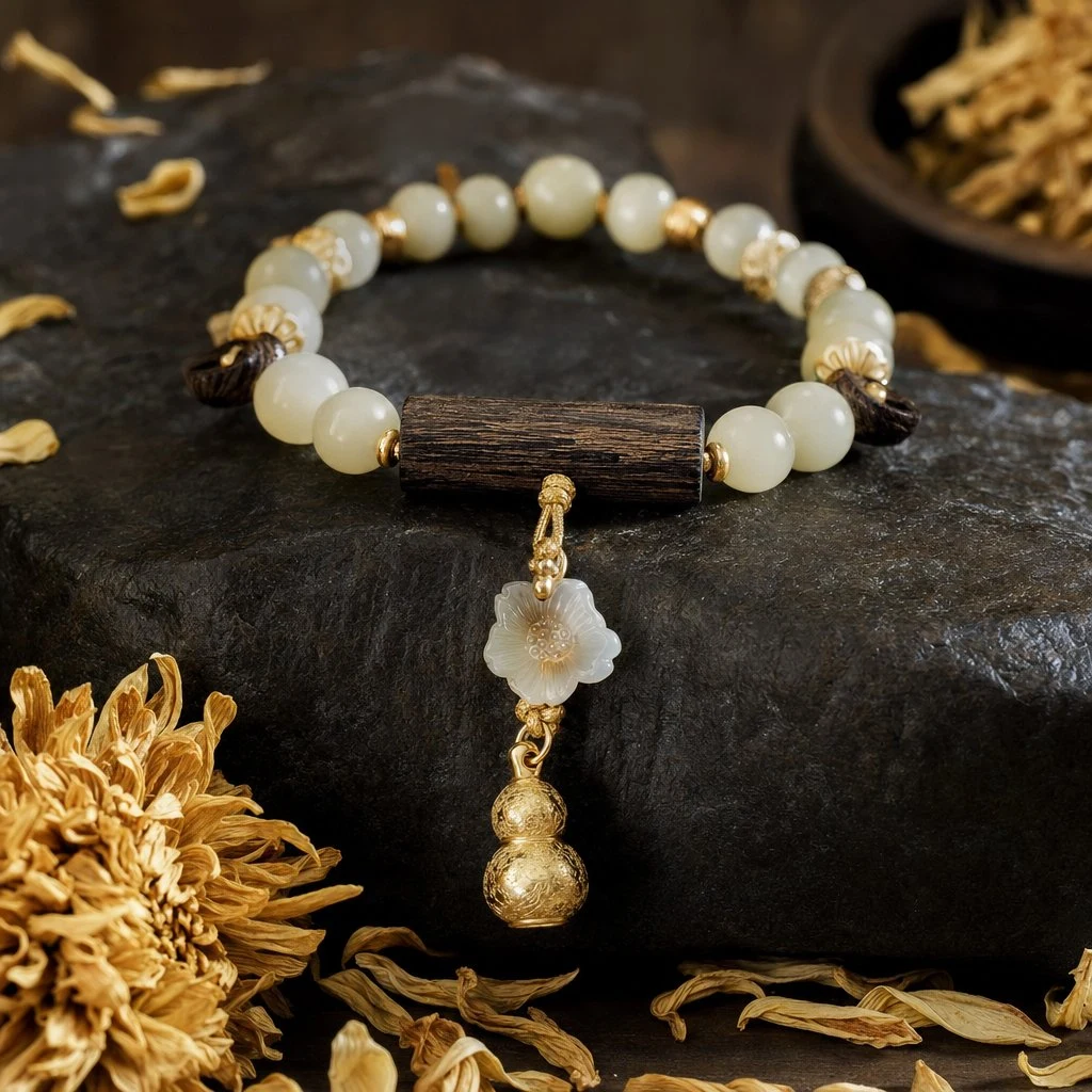 Hetian jade beads with agarwood centre piece and gold gourd — luxury bracelet