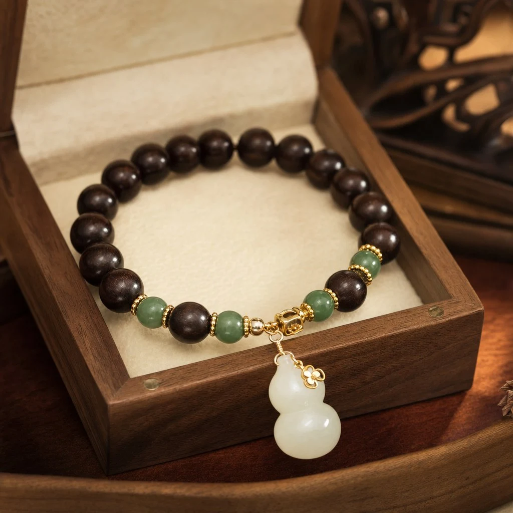 Agarwood bracelet with Hetian jade white gourd pendant in walnut gift box